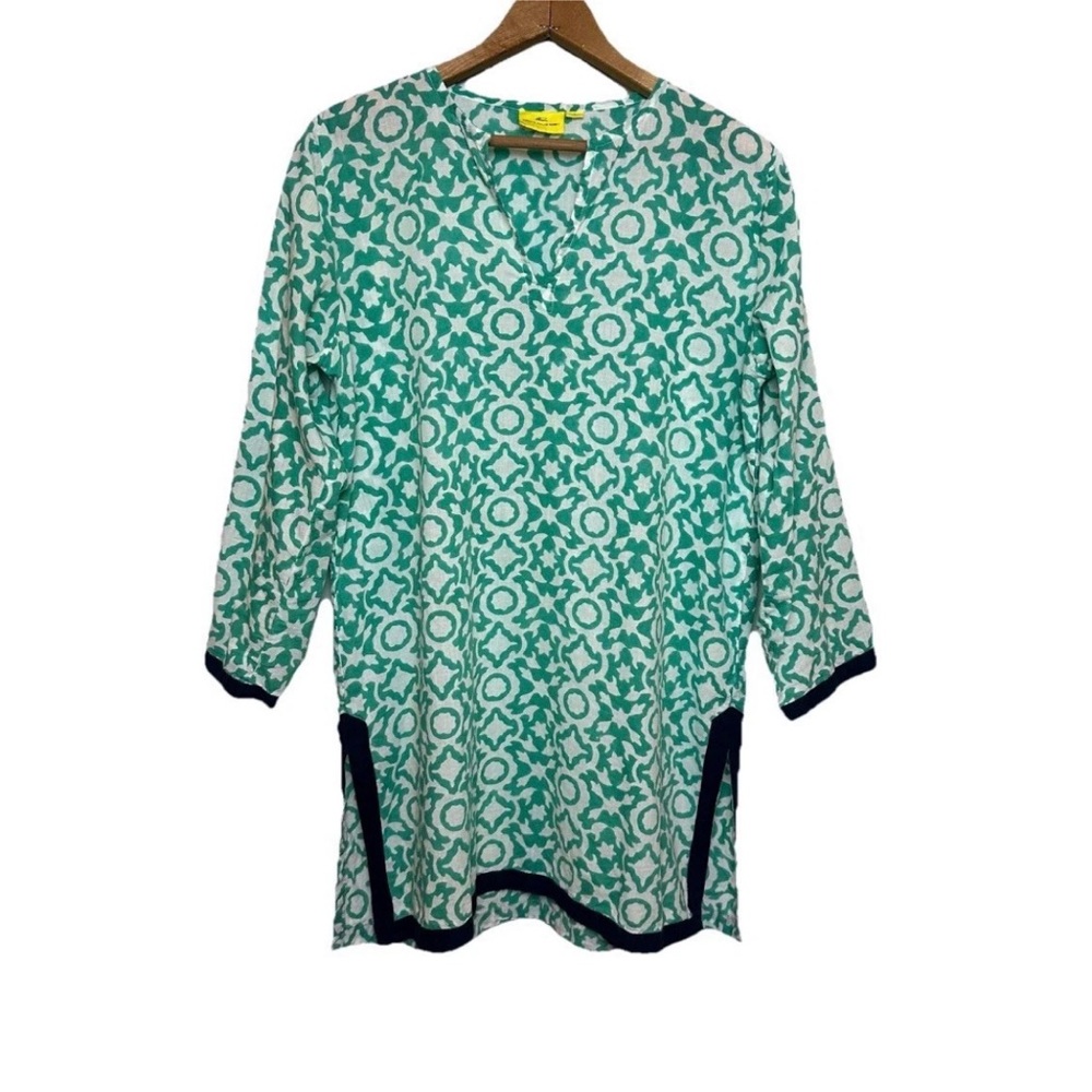 Roberta Roller Rabbit Tunic Top Green Geometric 100% Cotton Breezy Airy Size S